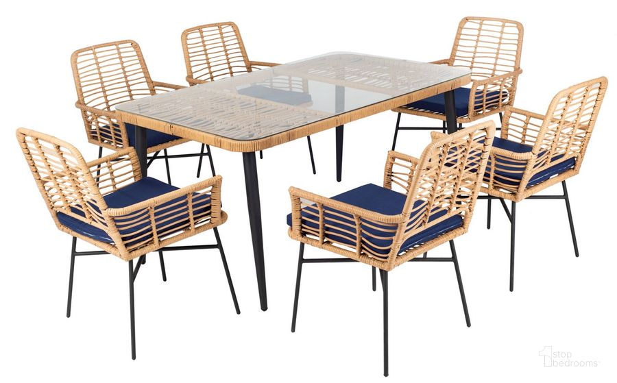 The appearance of Beson 7Pc Dining Set in Navy designed by Safavieh in the coastal interior design. This navy piece of furniture  was selected by 1StopBedrooms from Beson Collection to add a touch of cosiness and style into your home. Sku: PAT9010B-3BX. Table Base Style: Legs. Material: Steel. Table Top Shape: Rectangular. Product Type: Outdoor Dining Set. Image1