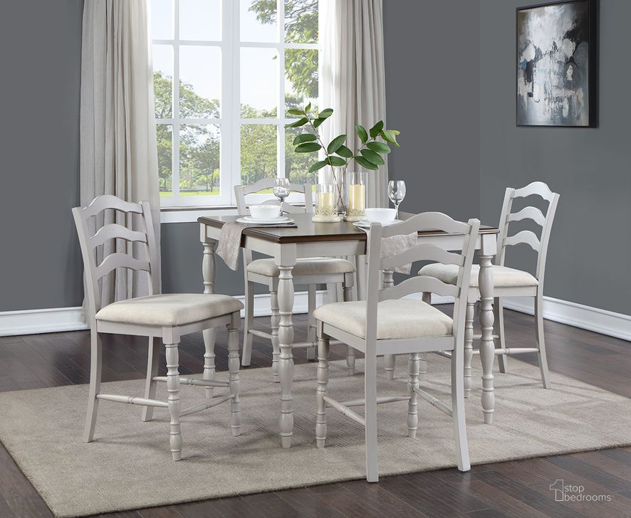 The appearance of Bettina 5 Piece Pack Counter Height Table Set In Beige Fabric, Antique White And Weathered Oak designed by ACME in the transitional interior design. This antique white piece of furniture  was selected by 1StopBedrooms from Bettina Collection to add a touch of cosiness and style into your home. Sku: DN01439. Table Top Shape: Square. Product Type: Bistro & Pub Set. Image1