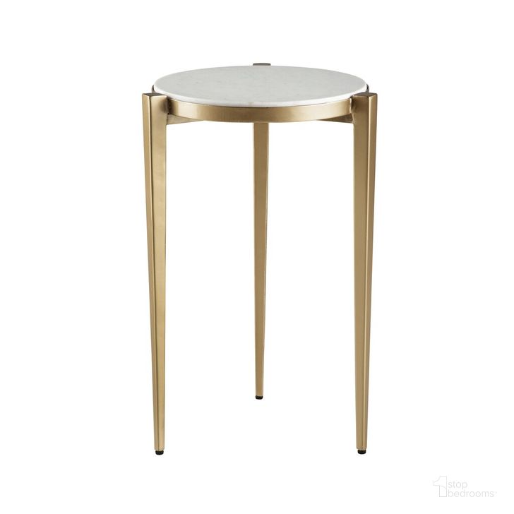 The appearance of Billie Tri Leg Genuine Marble Top Accent Table In Gold and White designed by Martin Svensson Home in the modern / contemporary interior design. This gold and white piece of furniture  was selected by 1StopBedrooms from Billie Collection to add a touch of cosiness and style into your home. Sku: 3707416. Material: Marble. Product Type: Accent Table. Image1