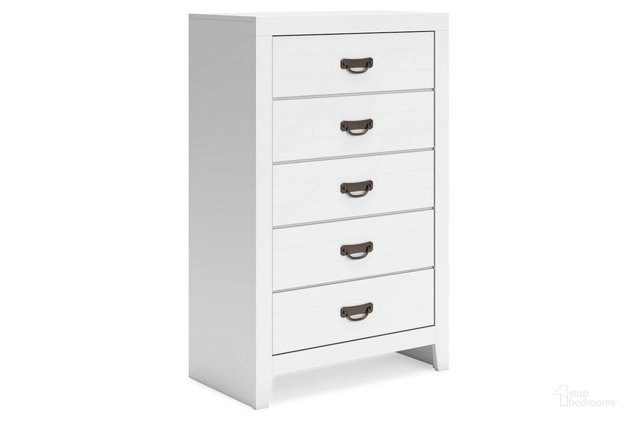 The appearance of Binterglen Chest Of Drawers In White designed by Signature Design by Ashley in the transitional interior design. This white piece of furniture  was selected by 1StopBedrooms from Binterglen Collection to add a touch of cosiness and style into your home. Sku: B427-46. Material: Wood. Product Type: Chest. Image1