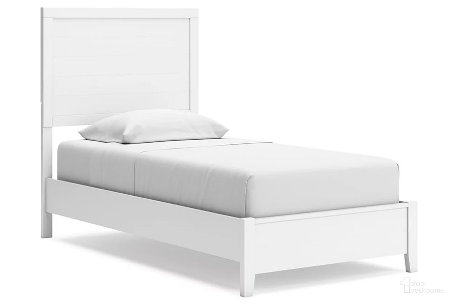 The appearance of Binterglen Twin Panel Bed In White designed by Signature Design by Ashley in the transitional interior design. This white piece of furniture  was selected by 1StopBedrooms from Binterglen Collection to add a touch of cosiness and style into your home. Sku: B427-53;B427-83. Bed Type: Panel Bed. Product Type: Panel Bed. Bed Size: Twin. Material: MDF. Image1