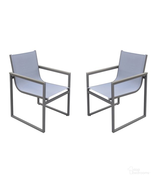 The appearance of Bistro Outdoor Patio Dining Chair Set of 2 In Gray Powder Coated Finish with Gray Sling Textilene and Gray Wood Accent Arms designed by Armen Living in the modern / contemporary interior design. This gray piece of furniture  was selected by 1StopBedrooms from Bistro Collection to add a touch of cosiness and style into your home. Sku: LCBICHGR. Material: Aluminum. Product Type: Outdoor Dining Chair. Image1