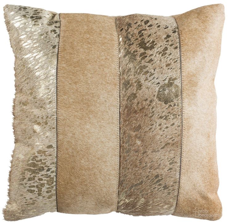 The appearance of Blair Metallic Cowhide 20X20 Pillow PLS230A-2020 designed by Safavieh in the modern / contemporary interior design. This gold and beige piece of furniture  was selected by 1StopBedrooms from Blair Collection to add a touch of cosiness and style into your home. Sku: PLS230A-2020. Product Type: Pillows and Throw. Image1