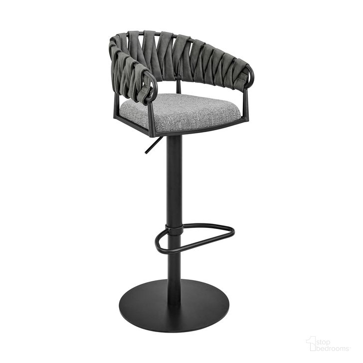 The appearance of Blaise Adjustable Swivel Counter or Bar Stool In Black Metal with Gray Fabric and Faux Leather designed by Armen Living in the modern / contemporary interior design. This gray piece of furniture  was selected by 1StopBedrooms from Blaise Collection to add a touch of cosiness and style into your home. Sku: LCBLBABLK. Material: Faux Leather. Product Type: Barstool. Image1
