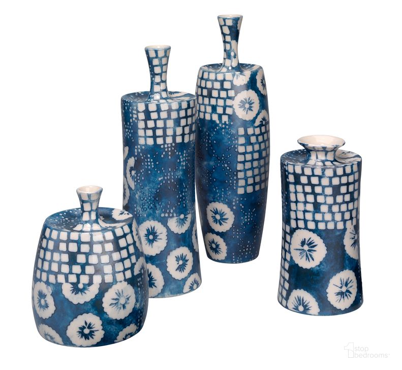 The appearance of Block Print Vases In Blue Set Of 4 designed by Jamie Young Company in the traditional interior design. This blue piece of furniture  was selected by 1StopBedrooms from  to add a touch of cosiness and style into your home. Sku: 7BLOC-VABL. Material: Ceramic. Product Type: Vase. Image1