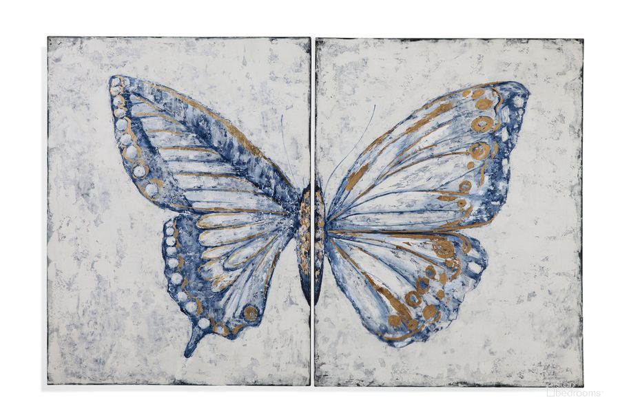 The appearance of Blue Butterfly Wall Art In Blue designed by Bassett Mirror Company in the modern / contemporary interior design. This blue piece of furniture  was selected by 1StopBedrooms from  to add a touch of cosiness and style into your home. Sku: 7300-854EC. Product Type: Wall Art. Material: Canvas. Image1