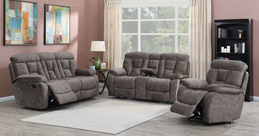 The appearance of Bogata Majestic Mushroom Reclining Living Room Set designed by Steve Silver in the modern / contemporary interior design. This gray piece of furniture  was selected by 1StopBedrooms from Bogata Collection to add a touch of cosiness and style into your home. Sku: BG850S;BG850CL. Product Type: Living Room Set. Material: Plywood. Image1