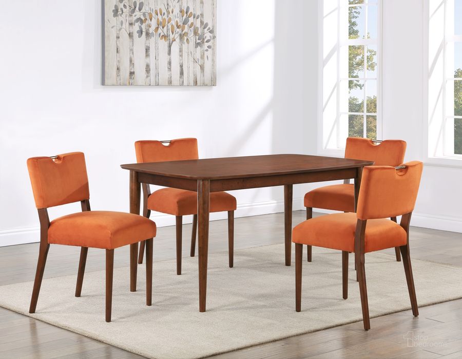 The appearance of Bonito Velvet 5 Piece Dining Set In Burnt Orange designed by Comfort Pointe in the modern / contemporary interior design. This burnt orange piece of furniture  was selected by 1StopBedrooms from Bonito Collection to add a touch of cosiness and style into your home. Sku: 6510-059;6510-22;6510-22. Product Type: Dining Room Set. Material: Engineered Wood. Image1