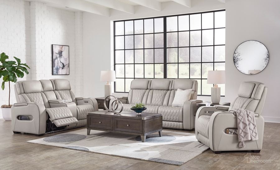 The appearance of Boyington Power Reclining Living Room Set In Gray designed by Signature Design by Ashley in the modern / contemporary interior design. This gray piece of furniture  was selected by 1StopBedrooms from Boyington Collection to add a touch of cosiness and style into your home. Sku: U2710515;U2710518. Product Type: Living Room Set. Material: Leather Match. Image1