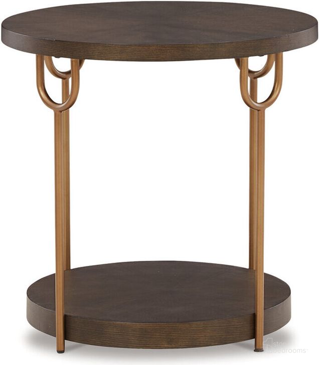 The appearance of Brazburn Dark Brown/Gold Finish Round End Table designed by Signature Design by Ashley in the modern / contemporary interior design. This dark brown and gold piece of furniture  was selected by 1StopBedrooms from Brazburn Collection to add a touch of cosiness and style into your home. Sku: T185-6. Material: Metal. Product Type: End Table. Image1