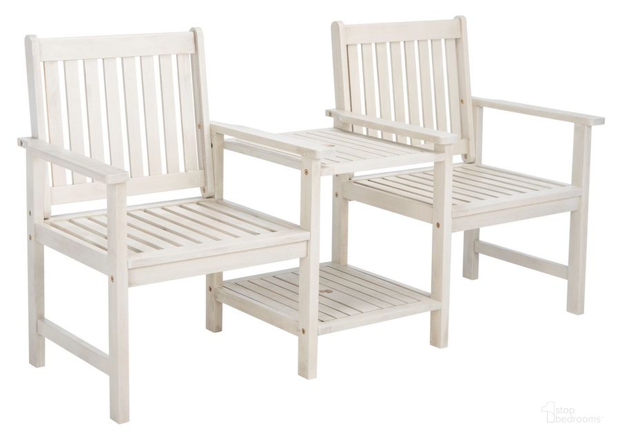 The appearance of Brea Twin Seat Bench in White designed by Safavieh in the modern / contemporary interior design. This white piece of furniture  was selected by 1StopBedrooms from Brea Collection to add a touch of cosiness and style into your home. Sku: PAT7014C. Material: Wood. Product Type: Outdoor Bench. Image1