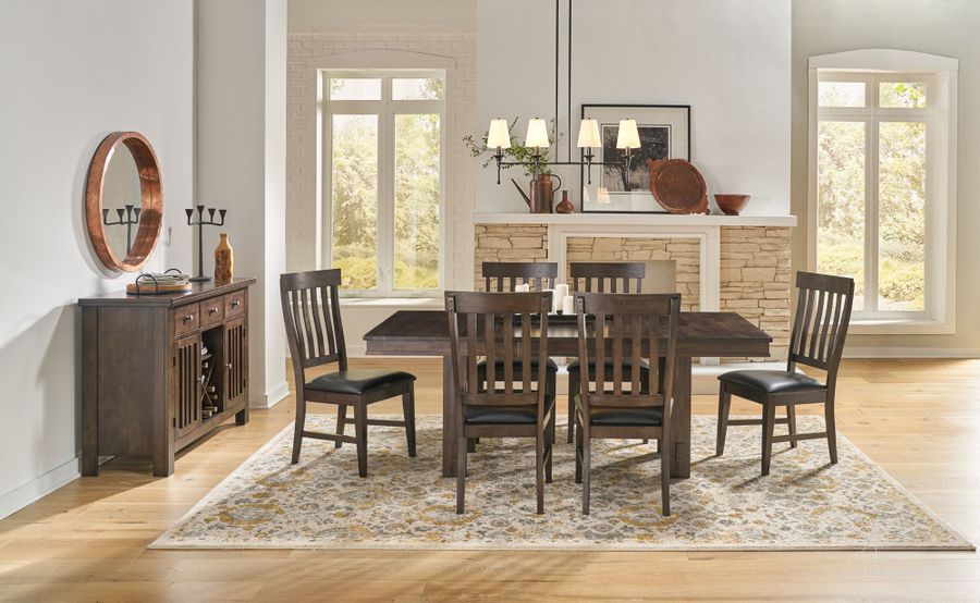 The appearance of Bremerton 78 Inch Extendable Trestle Dining Room Set In Brown designed by A-America in the transitional interior design. This brown piece of furniture  was selected by 1StopBedrooms from Bremerton Collection to add a touch of cosiness and style into your home. Sku: BRMWG633B;BRMWG631T;BRMWG2432;BRMWG2432. Table Base Style: Double Pedestal. Product Type: Dining Room Set. Table Top Shape: Rectangular. Material: Rubberwood. Image1