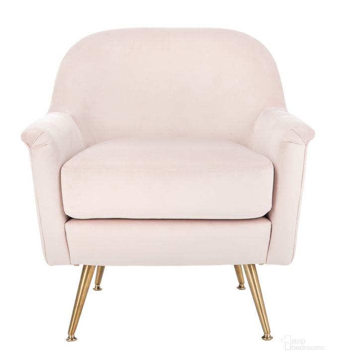 The appearance of Brienne Blush Pink and Brass Mid Century Arm Chair designed by Safavieh in the rustic / southwestern interior design. This brass piece of furniture  was selected by 1StopBedrooms from Brienne Collection to add a touch of cosiness and style into your home. Sku: ACH4506D. Product Type: Accent Chair. Material: Stainless Steel. Image1