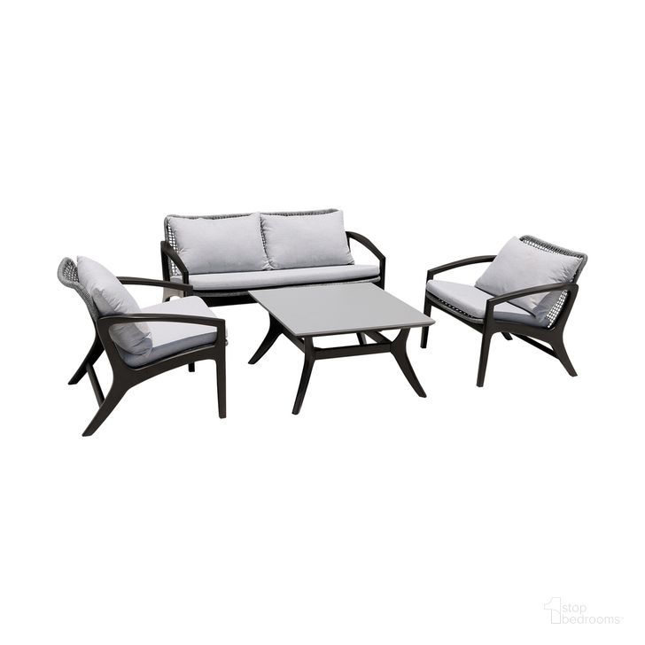 The appearance of Brighton 4 Piece Outdoor Patio Seating Set In Dark Eucalyptus Wood with Gray Rope and White Cushions designed by Armen Living in the modern / contemporary interior design. This gray piece of furniture  was selected by 1StopBedrooms from Brighton Collection to add a touch of cosiness and style into your home. Sku: 840254336063;840254336070;840254336087;840254336094. Material: Fabric. Product Type: Outdoor Conversation Set. Image1