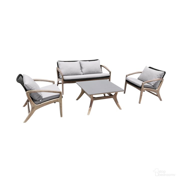 The appearance of Brighton 4 Piece Outdoor Patio Seating Set In Light Eucalyptus Wood with Charcoal Rope and White Cushions designed by Armen Living in the modern / contemporary interior design. This charcoal piece of furniture  was selected by 1StopBedrooms from Brighton Collection to add a touch of cosiness and style into your home. Sku: 840254336117;840254336124;840254336131;840254336148. Material: Fabric. Product Type: Outdoor Conversation Set. Image1