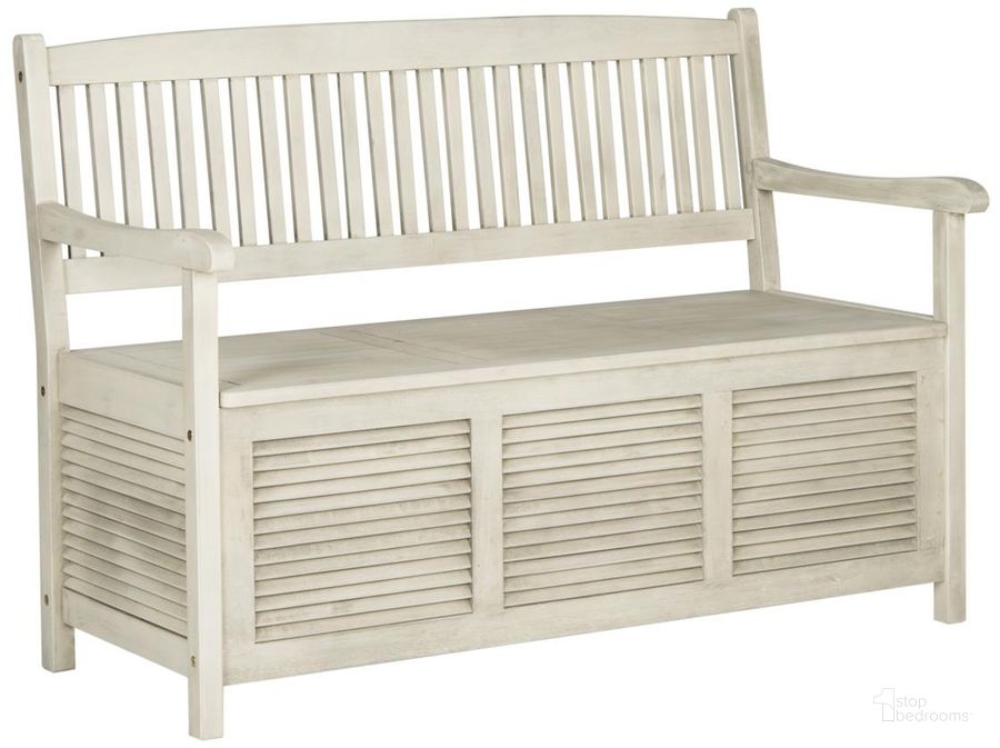 The appearance of Brisbane Distressed White Storage Bench designed by Safavieh in the modern / contemporary interior design. This distressed white piece of furniture  was selected by 1StopBedrooms from Brisbane Collection to add a touch of cosiness and style into your home. Sku: PAT7017C. Material: Wood. Product Type: Outdoor Bench. Image1