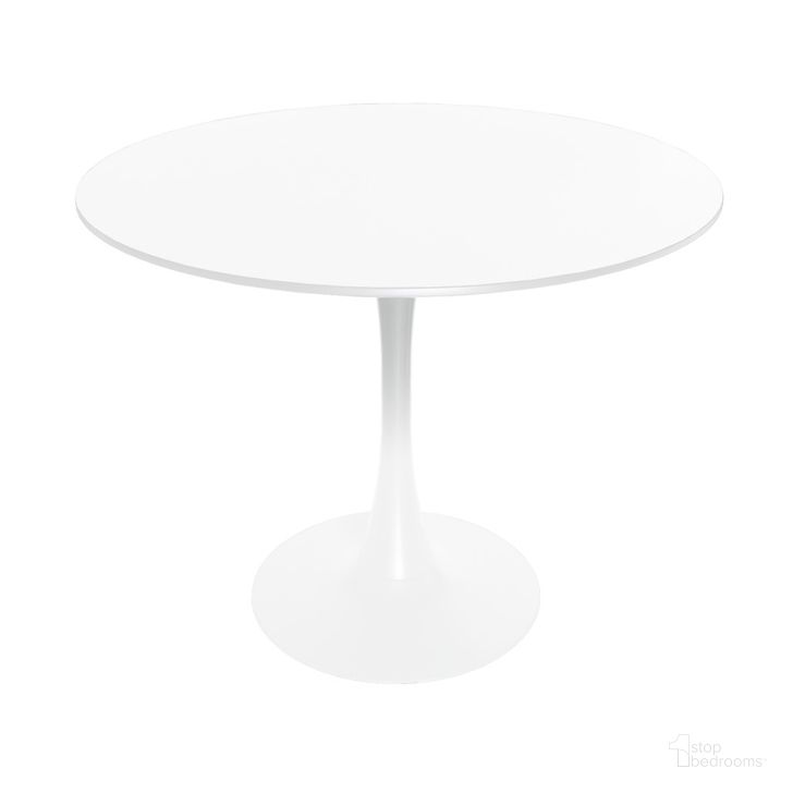 The appearance of Bristol Round Dining Table In White designed by LeisureMod in the transitional interior design. This white piece of furniture  was selected by 1StopBedrooms from Bristol Collection to add a touch of cosiness and style into your home. Sku: BTW-35W. Table Base Style: Pedestal. Table Top Shape: Round. Product Type: Dining Table. Material: MDF. Size: 35". Image1