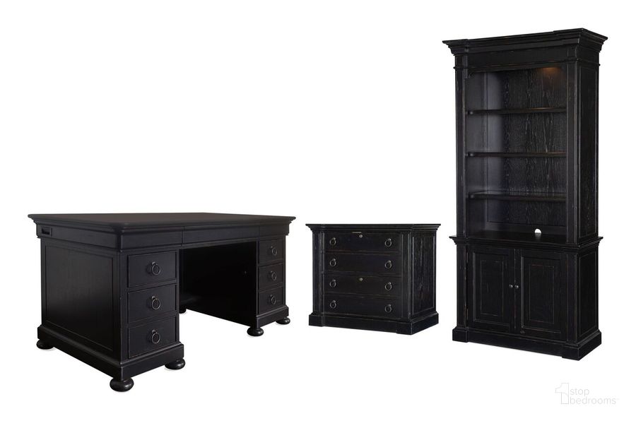 The appearance of Bristowe casual Black Junior Executive Home Office Set designed by Hooker in the traditional interior design. This black piece of furniture  was selected by 1StopBedrooms from Work Your Way Collection to add a touch of cosiness and style into your home. Sku: 5971-10660-99;5971-10445-99. Material: Wood Veneer. Product Type: Home Office Set. Image1