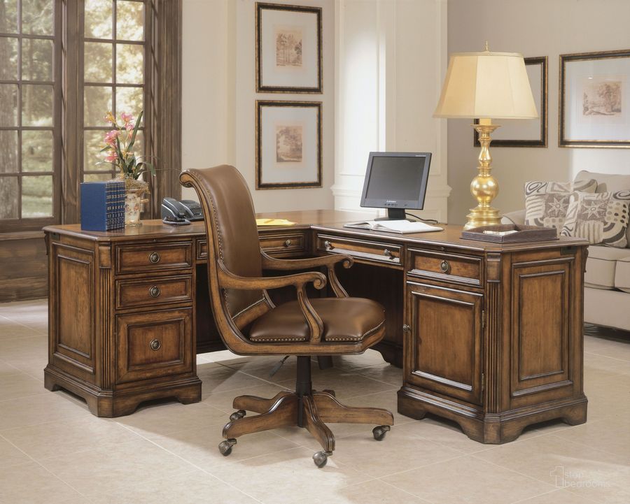 The appearance of Brookhaven Distressed Brown L Shaped Home Office Set with Return designed by Hooker in the traditional interior design. This brown piece of furniture  was selected by 1StopBedrooms from Brookhaven Collection to add a touch of cosiness and style into your home. Sku: 281-10-468;281-10-473;281-30-220. Material: Wood Veneer. Product Type: Home Office Set. Image1