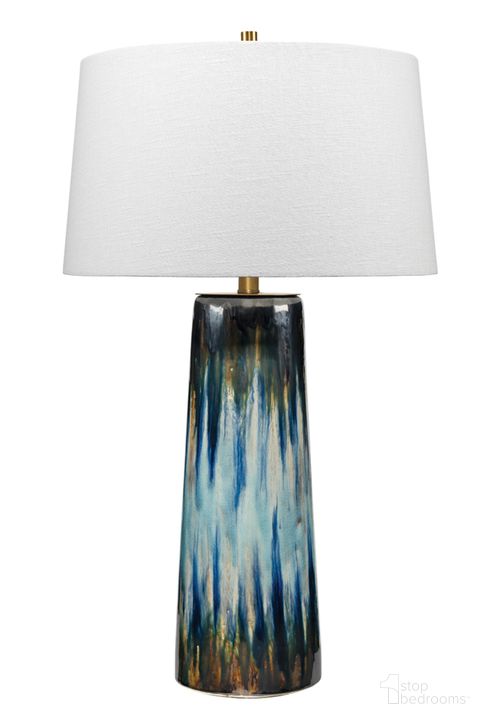 The appearance of Brushstroke Table Lamp in Aqua Dark Blue & Metallic Ombre Reactive Glaze Ceramic designed by Jamie Young Company in the transitional interior design. This dark blue piece of furniture  was selected by 1StopBedrooms from Brushstroke Collection to add a touch of cosiness and style into your home. Sku: 9BRUSHAQBL. Material: Metal. Product Type: Table Lamp. Image1