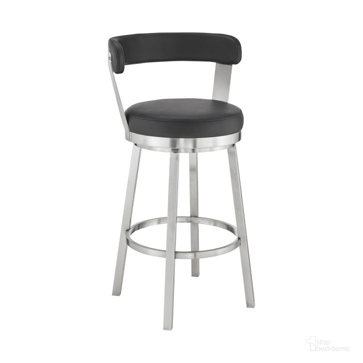 The appearance of Bryant 26 Inch Counter Height Swivel Bar Stool In Brushed Stainless Steel Finish and Black Faux Leather designed by Armen Living in the modern / contemporary interior design. This black piece of furniture  was selected by 1StopBedrooms from Bryant Collection to add a touch of cosiness and style into your home. Sku: LCBYBABSBL26. Product Type: Barstool. Material: Stainless Steel. Image1