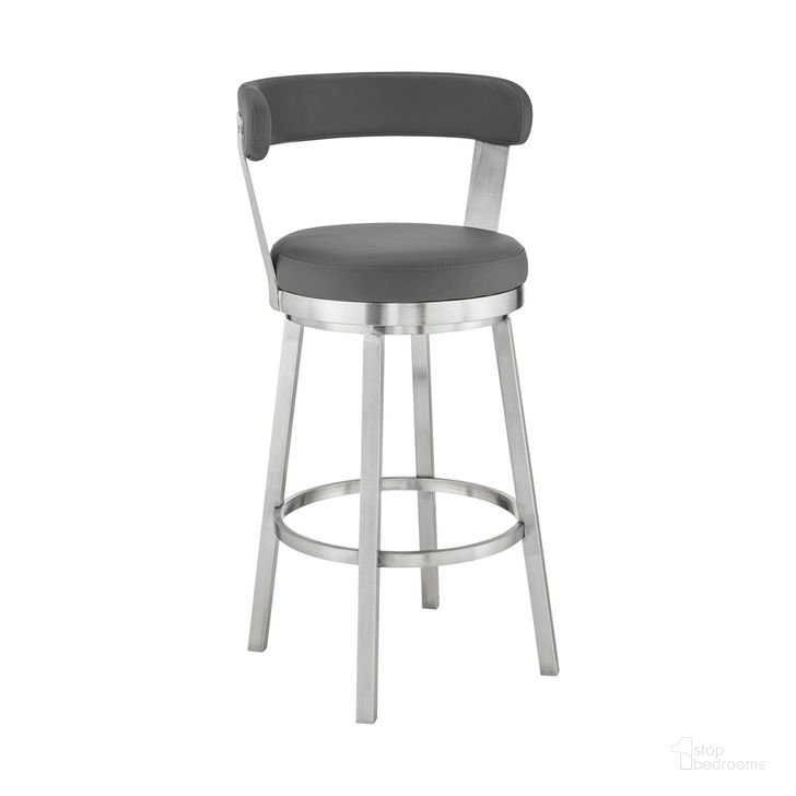 The appearance of Bryant 26 Inch Counter Height Swivel Bar Stool In Brushed Stainless Steel Finish and Gray Faux Leather designed by Armen Living in the modern / contemporary interior design. This gray piece of furniture  was selected by 1StopBedrooms from Bryant Collection to add a touch of cosiness and style into your home. Sku: LCBYBABSGR26. Product Type: Barstool. Material: Stainless Steel. Image1