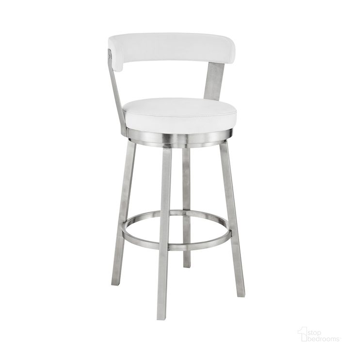 The appearance of Bryant 26 Inch Counter Height Swivel Bar Stool In Brushed Stainless Steel Finish and White Faux Leather designed by Armen Living in the modern / contemporary interior design. This white piece of furniture  was selected by 1StopBedrooms from Bryant Collection to add a touch of cosiness and style into your home. Sku: LCBYBABSWH26. Product Type: Barstool. Material: Stainless Steel. Image1