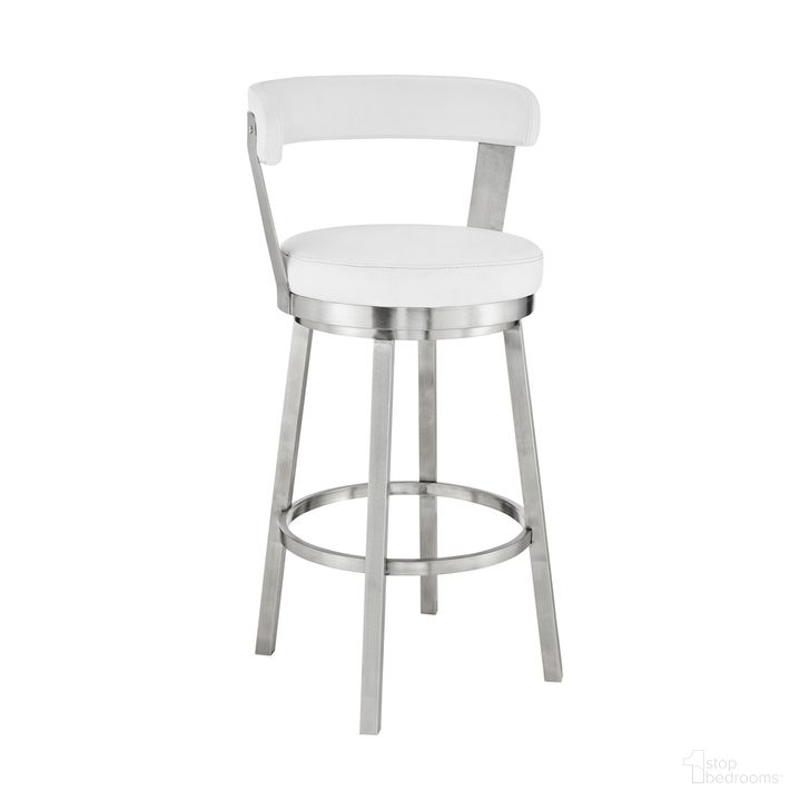 The appearance of Bryant 30 Inch Bar Height Swivel Bar Stool In Brushed Stainless Steel Finish and White Faux Leather designed by Armen Living in the modern / contemporary interior design. This white piece of furniture  was selected by 1StopBedrooms from Bryant Collection to add a touch of cosiness and style into your home. Sku: LCBYBABSWH30. Product Type: Barstool. Material: Stainless Steel. Image1