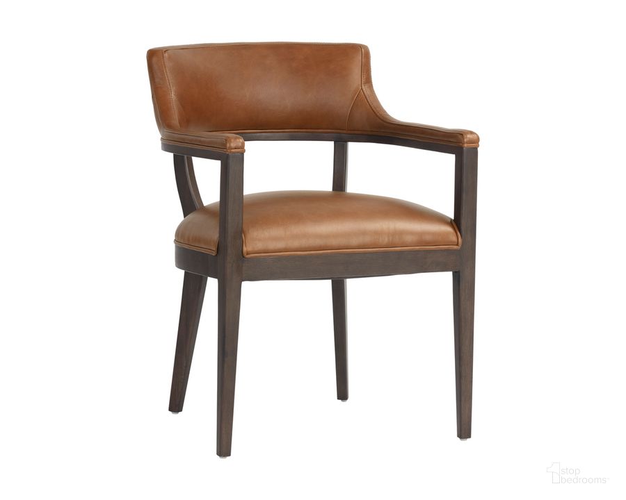 The appearance of Brylea Dining Armchair In Brown and Shalimar Tobacco Leather designed by Sunpan in the modern / contemporary interior design. This brown piece of furniture  was selected by 1StopBedrooms from Brylea Collection to add a touch of cosiness and style into your home. Sku: 110523. Material: Leather. Product Type: Dining Chair. Image1