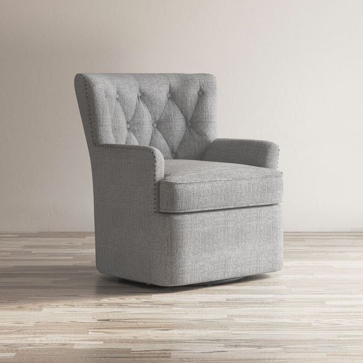 The appearance of Bryson Upholstered Swivel Chair with Nailhead Trim In Ash designed by Jofran in the traditional interior design. This ash piece of furniture  was selected by 1StopBedrooms from Bryson Collection to add a touch of cosiness and style into your home. Sku: BRYSON-SW-ASH. Product Type: Swivel Chair. Material: Rubberwood. Image1