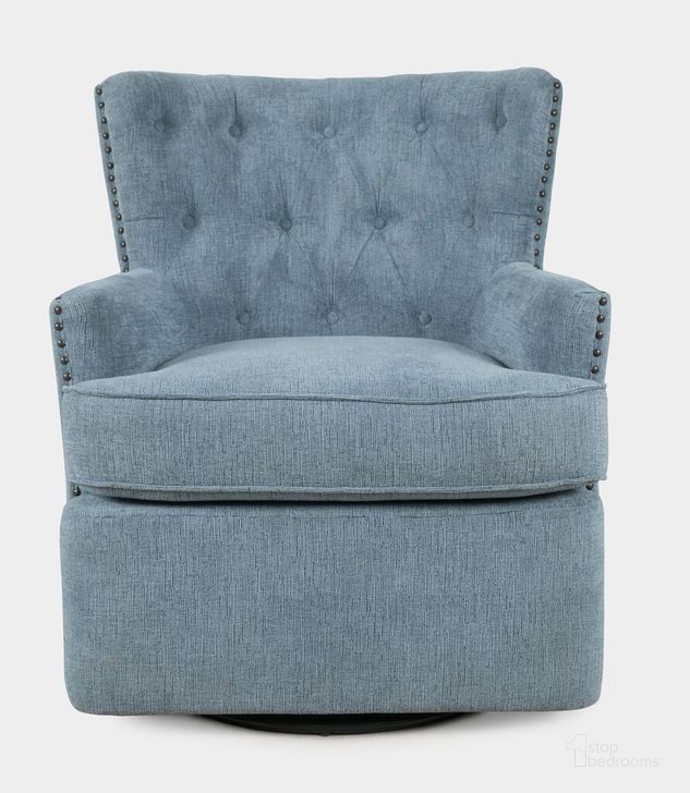 The appearance of Bryson Upholstered Swivel Chair with Nailhead Trim In Blue designed by Jofran in the traditional interior design. This blue piece of furniture  was selected by 1StopBedrooms from Bryson Collection to add a touch of cosiness and style into your home. Sku: BRYSON-SW-BLUE. Product Type: Swivel Chair. Material: Rubberwood. Image1
