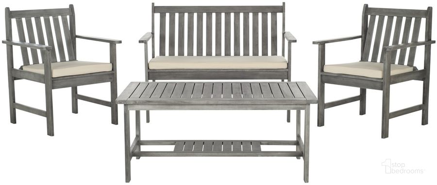 The appearance of Burbank Gray Wash and Beige 4-Piece Outdoor Set designed by Safavieh in the modern / contemporary interior design. This beige and grey piece of furniture  was selected by 1StopBedrooms from Burbank Collection to add a touch of cosiness and style into your home. Sku: PAT7006B. Material: Steel. Product Type: Outdoor Conversation Set. Image1