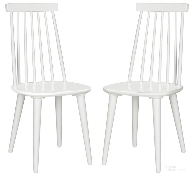 The appearance of Burris 17 Inch Spindle Side Chair in White Set of 2 AMH8511B-SET2 designed by Safavieh in the transitional interior design. This white piece of furniture  was selected by 1StopBedrooms from Burris Collection to add a touch of cosiness and style into your home. Sku: AMH8511B-SET2. Material: Wood. Product Type: Side Chair. Image1
