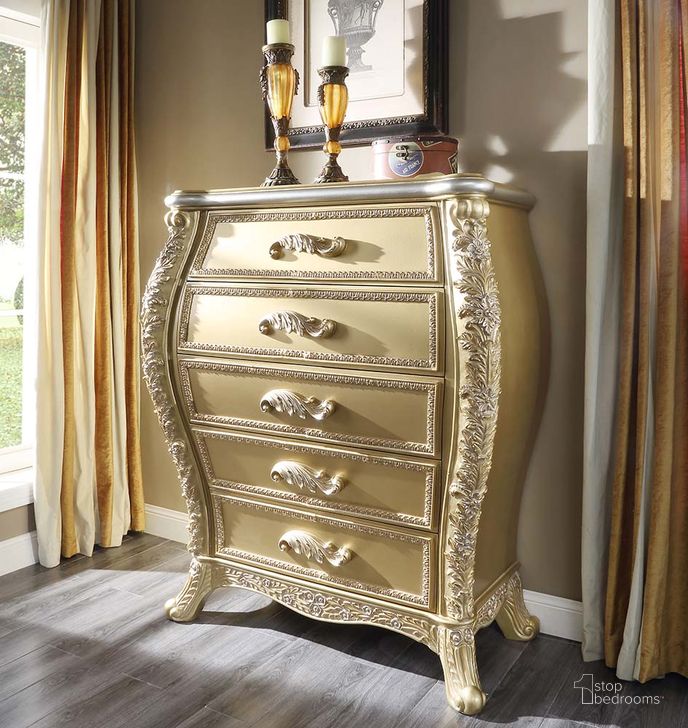 The appearance of Cabriole Chest In Gold designed by ACME in the transitional interior design. This gold piece of furniture  was selected by 1StopBedrooms from Cabriole Collection to add a touch of cosiness and style into your home. Sku: BD01467. Product Type: Chest. Image1