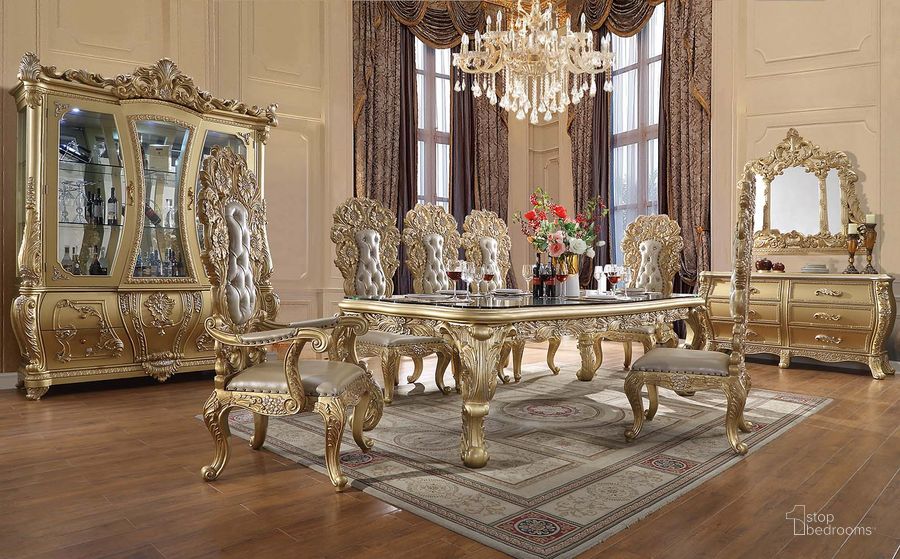 The appearance of Cabriole Dining Table In Gold DN01482 designed by ACME in the transitional interior design. This gold piece of furniture  was selected by 1StopBedrooms from Cabriole Collection to add a touch of cosiness and style into your home. Sku: DN01482-1;DN01482-2;DN01482-3;DN01482-4. Table Base Style: Legs. Product Type: Dining Table. Table Top Shape: Rectangular. Size: 108". Image1