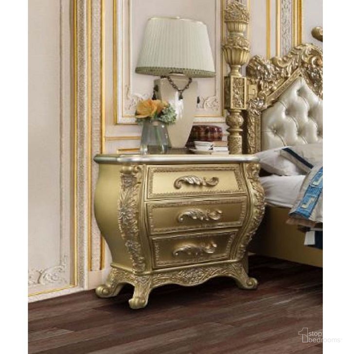 The appearance of Cabriole Nightstand In Gold designed by ACME in the transitional interior design. This gold piece of furniture  was selected by 1StopBedrooms from Cabriole Collection to add a touch of cosiness and style into your home. Sku: BD01464. Product Type: Nightstand. Image1
