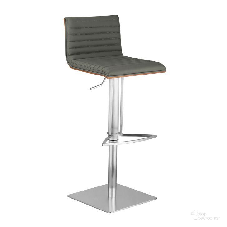 The appearance of Cafe Adjustable Height Swivel Gray Faux Leather and Walnut Wood Bar Stool with Brushed Stainless Steel Base designed by Armen Living in the modern / contemporary interior design. This gray piece of furniture  was selected by 1StopBedrooms from Cafe Collection to add a touch of cosiness and style into your home. Sku: LCCASWBAGRB201. Product Type: Barstool. Material: Stainless Steel. Image1