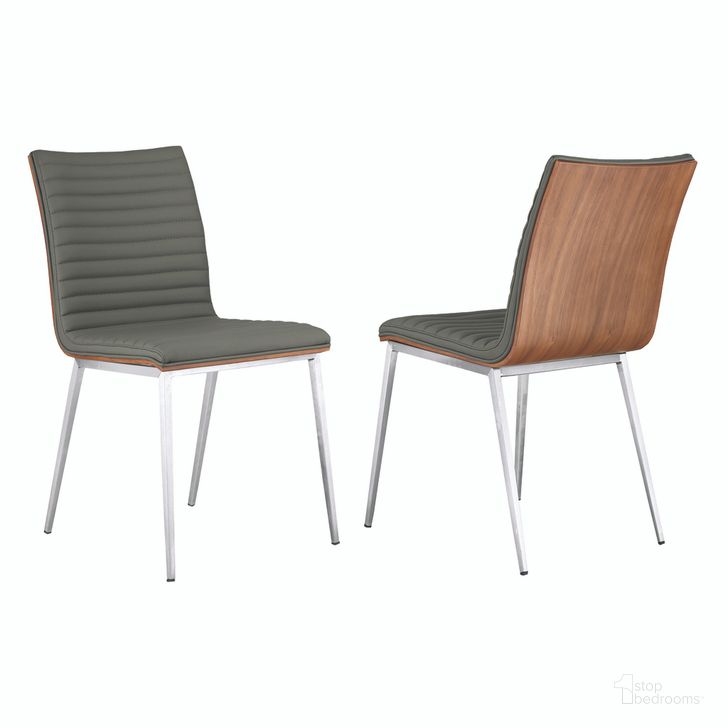 The appearance of Cafe Brushed Stainless Steel Dining Chair Set of 2 In Gray Faux Leather with Walnut Back designed by Armen Living in the modern / contemporary interior design. This gray piece of furniture  was selected by 1StopBedrooms from Cafe Collection to add a touch of cosiness and style into your home. Sku: LCCACHGRB201. Product Type: Dining Chair. Material: Stainless Steel. Image1