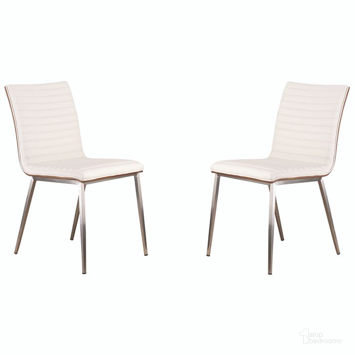 The appearance of Cafe Brushed Stainless Steel Dining Chair Set of 2 In White Faux Leather with Walnut Back designed by Armen Living in the modern / contemporary interior design. This white piece of furniture  was selected by 1StopBedrooms from Cafe Collection to add a touch of cosiness and style into your home. Sku: LCCACHWHB201. Product Type: Dining Chair. Material: Stainless Steel. Image1