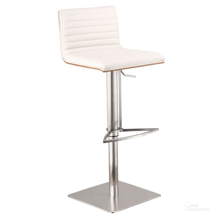 The appearance of Cafe Adjustable Height Swivel White Faux Leather and Walnut Bar Stool with Brushed Stainless Steel Base designed by Armen Living in the modern / contemporary interior design. This white piece of furniture  was selected by 1StopBedrooms from Cafe Collection to add a touch of cosiness and style into your home. Sku: LCCASWBAWHB201. Product Type: Barstool. Material: Stainless Steel. Image1
