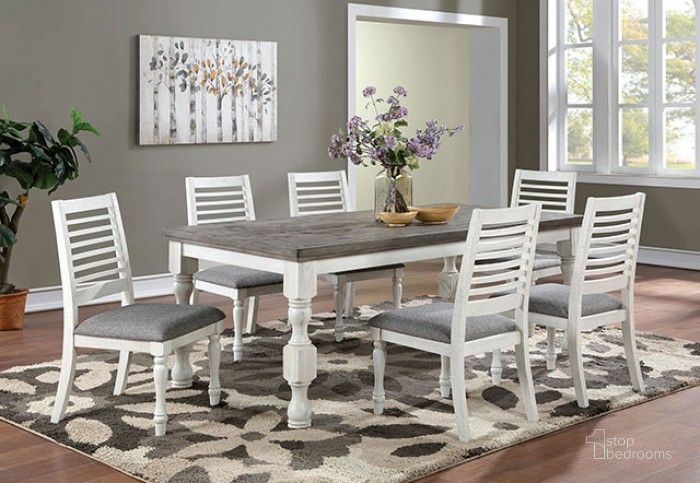 The appearance of Calabria Antique White And Gray Dining Room Set designed by Furniture of America in the transitional interior design. This gray and white piece of furniture  was selected by 1StopBedrooms from Calabria Collection to add a touch of cosiness and style into your home. Sku: FOA3908T;FOA3908SC-2PK. Material: Wood. Product Type: Dining Room Set. Image1