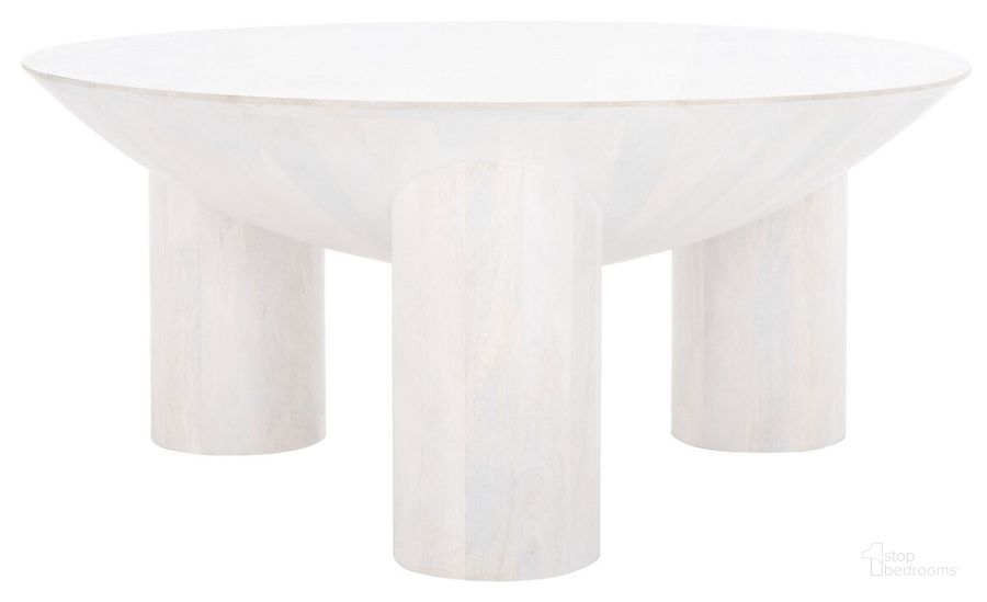 The appearance of Calhoun Rd Wood Coffee Table In Washed White designed by Safavieh Couture in the modern / contemporary interior design. This washed white piece of furniture  was selected by 1StopBedrooms from Calhoun Collection to add a touch of cosiness and style into your home. Sku: SFV9705B. Material: Wood. Product Type: Coffee Table. Image1