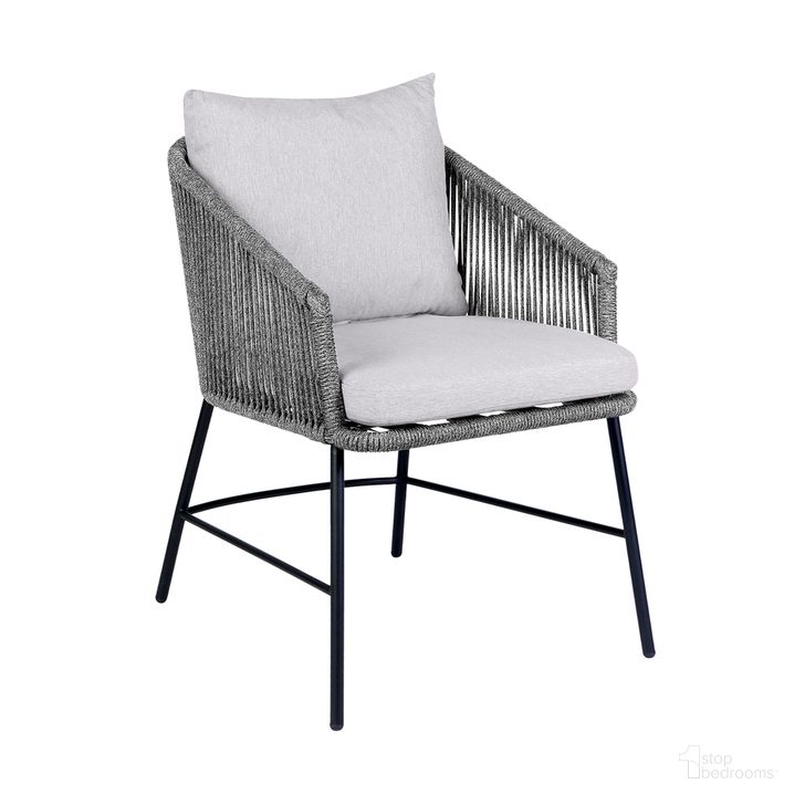 The appearance of Calica Outdoor Patio Dining Chair In Black Metal and Gray Rope designed by Armen Living in the modern / contemporary interior design. This dark gray and gray piece of furniture  was selected by 1StopBedrooms from Calica Collection to add a touch of cosiness and style into your home. Sku: 840254332294. Material: Steel. Product Type: Outdoor Dining Chair. Image1