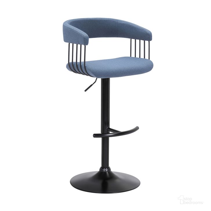 The appearance of Calista Adjustable Bar Stool In Blue Fabric with Black Metal designed by Armen Living in the modern / contemporary interior design. This blue piece of furniture  was selected by 1StopBedrooms from Calista Collection to add a touch of cosiness and style into your home. Sku: LCCABABLKBLU. Material: Wood. Product Type: Barstool. Image1