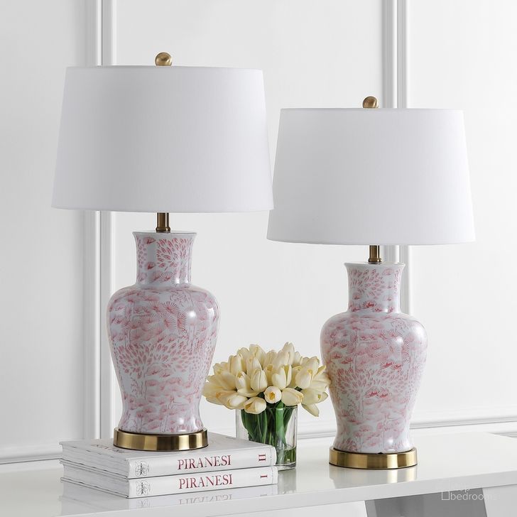 The appearance of Calli Pink and White Table Lamp Set of 2 designed by Safavieh in the traditional interior design. This pink and white piece of furniture  was selected by 1StopBedrooms from Safavieh TBL Collection to add a touch of cosiness and style into your home. Sku: TBL4161A-SET2. Product Type: Table Lamp. Material: Brass. Image1