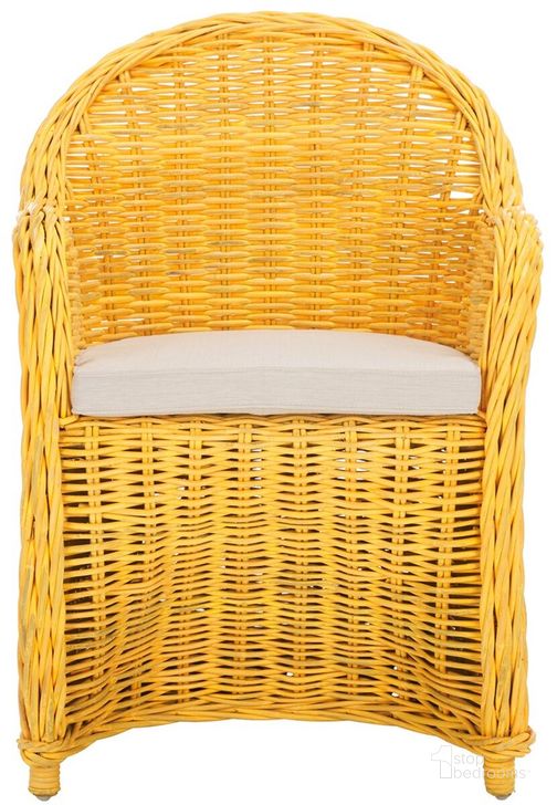 The appearance of Callista Yellow Wicker Club Chair designed by Safavieh in the transitional interior design. This yellow piece of furniture  was selected by 1StopBedrooms from Callista Collection to add a touch of cosiness and style into your home. Sku: SEA7001A. Product Type: Bar Chair. Material: Rattan. Image1