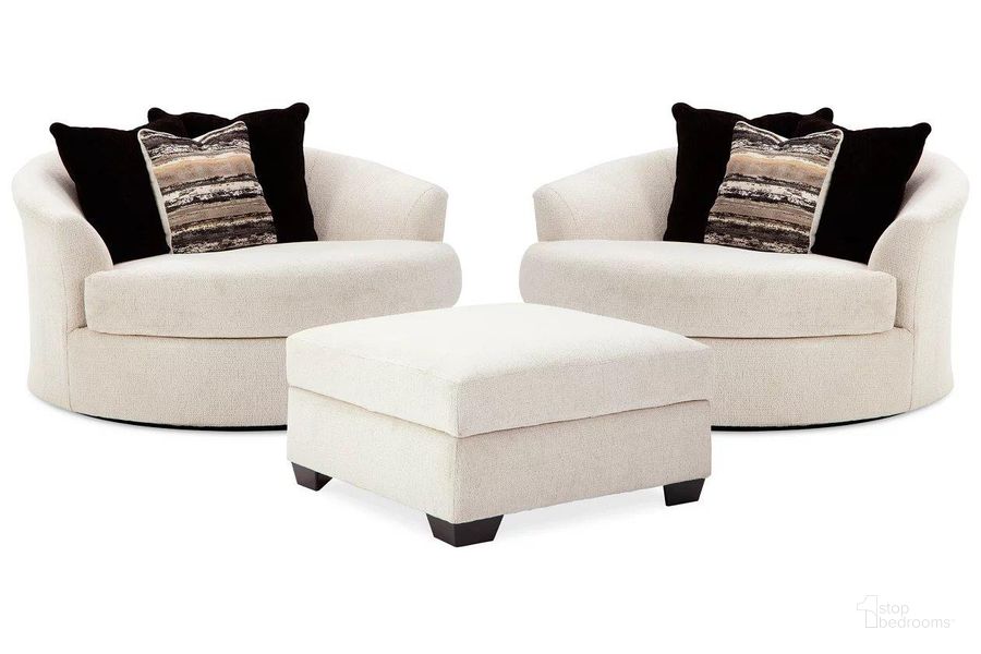 The appearance of Cambri 2 Oversized Swivel Chairs and Ottoman In Snow designed by Signature Design by Ashley in the modern / contemporary interior design. This snow piece of furniture  was selected by 1StopBedrooms from Cambri Collection to add a touch of cosiness and style into your home. Sku: 9280121;9280121;9280111. Material: Fabric. Product Type: Living Room Chair. Image1