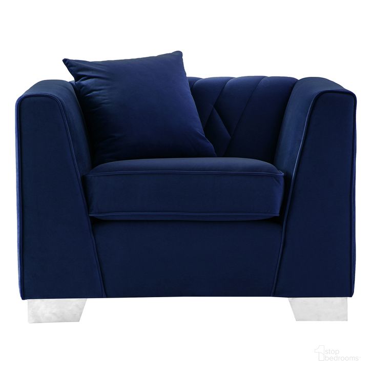 The appearance of Cambridge Contemporary Chair In Brushed Stainless Steel and Blue Velvet designed by Armen Living in the glam interior design. This blue piece of furniture  was selected by 1StopBedrooms from Cambridge Collection to add a touch of cosiness and style into your home. Sku: LCCM1BLUE. Product Type: Sofa Chair. Material: Velvet. Image1