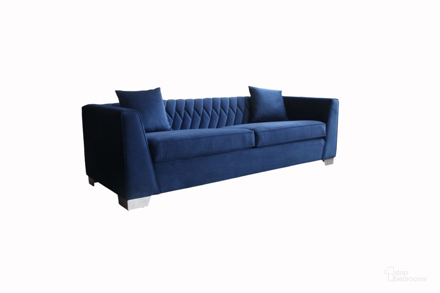 The appearance of Cambridge Contemporary Sofa In Brushed Stainless Steel and Blue Velvet designed by Armen Living in the glam interior design. This blue piece of furniture  was selected by 1StopBedrooms from Cambridge Collection to add a touch of cosiness and style into your home. Sku: LCCM3BLUE. Product Type: Sofa. Material: Velvet. Image1
