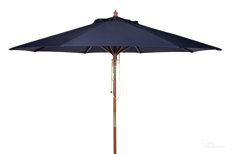 The appearance of Cannes Navy 9 Wooden Outdoor Umbrella designed by Safavieh in the modern / contemporary interior design. This navy piece of furniture  was selected by 1StopBedrooms from Cannes Collection to add a touch of cosiness and style into your home. Sku: PAT8009C. Material: Steel. Product Type: Umbrella. Image1
